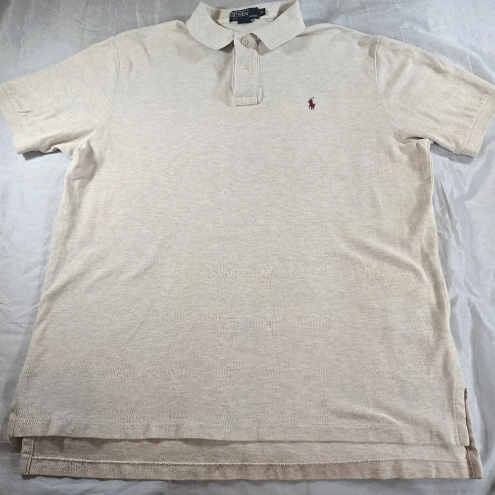 Polo Ralph Lauren Mens XL Beige Polo Shirt Burgundy Pony Logo Cotton Pique